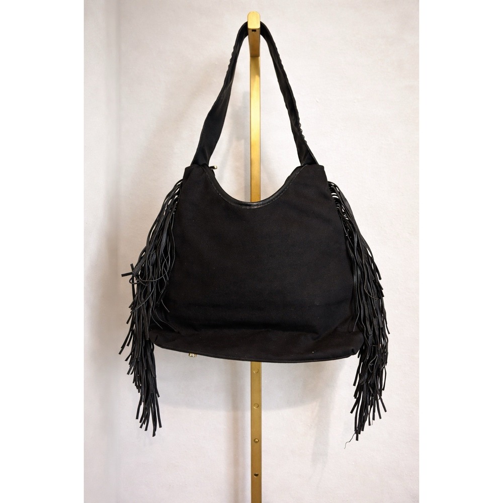 Raviani Black Fringe‎ Hand Bag American Original Bronco Logo Studded 19" - Picture 2 of 7